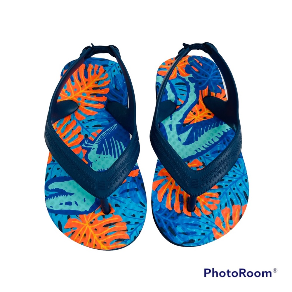 Wonder Nation Boys Toddler Flip Flops W Back Strap Size 5/6 Navy W Dinosaur NEW